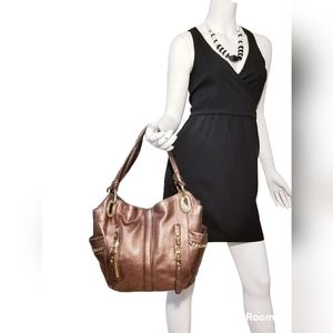 B.MAKOWSKY METALLIC  BRONZE WOMEN GOLDEN CHAIN METAL PURSE SATCHEL HOBO